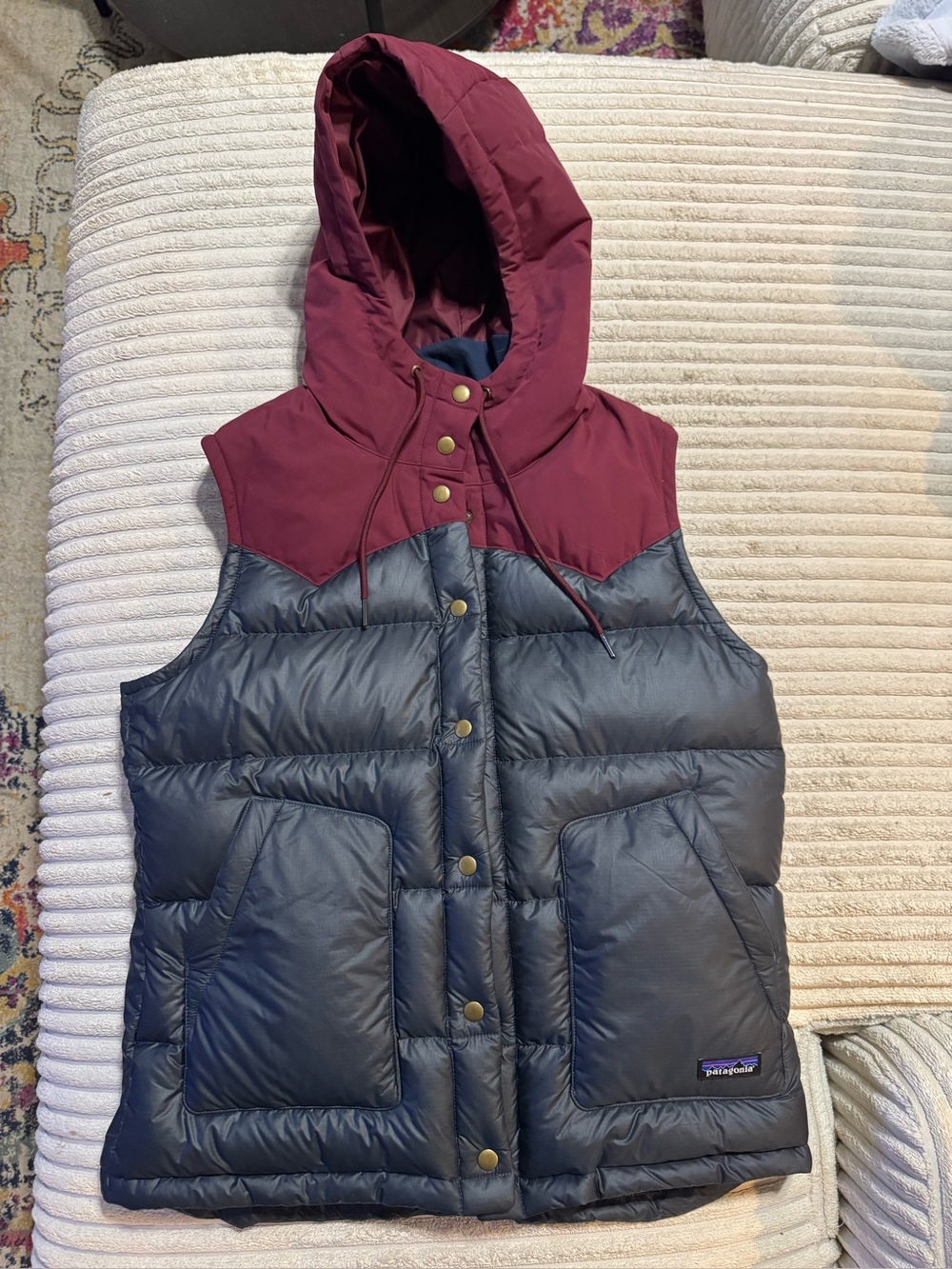 Patagonia Bivy Women’s Hooded Two-Tone Puffer Vest - Burgundy & Navy